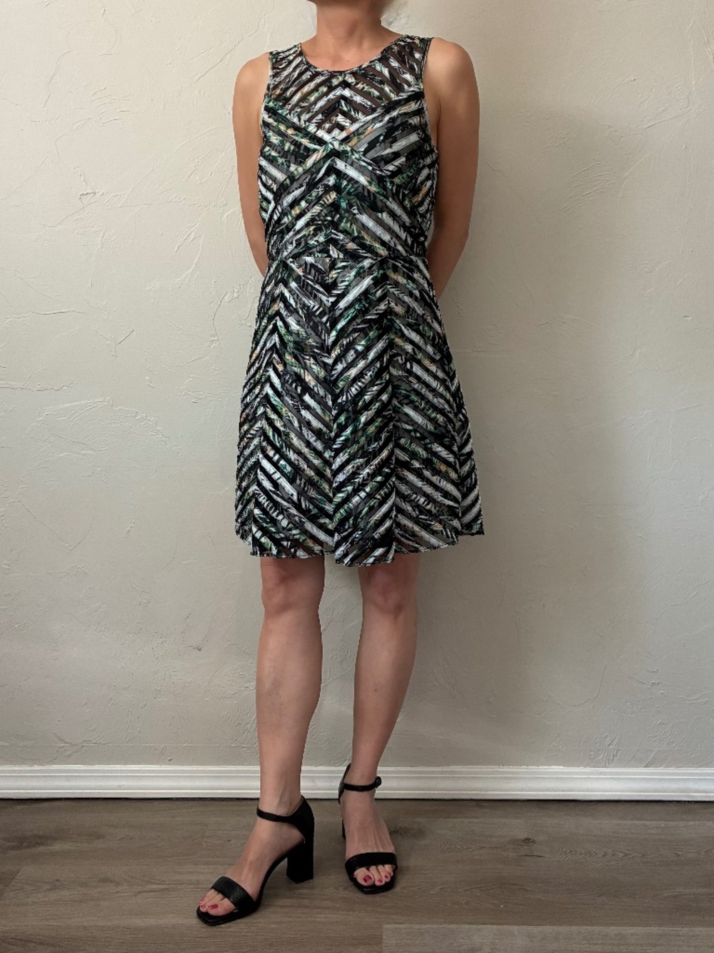 Parker Tropical Chevron Stripe Mesh Cocktail Dress XS